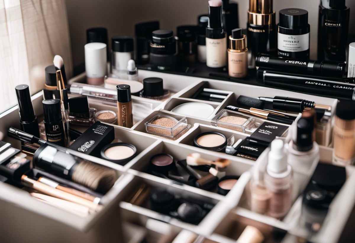 Organized makeup products in acrylic storage containers. Tips til effektiv organisering af din makeup